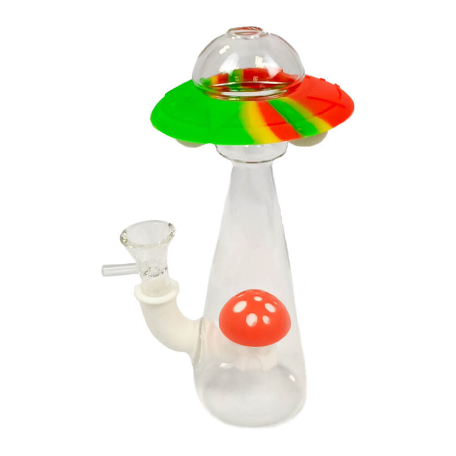 Bong - vetro-silicone per funghi Spaceship che si illumina al buio 18 cm
